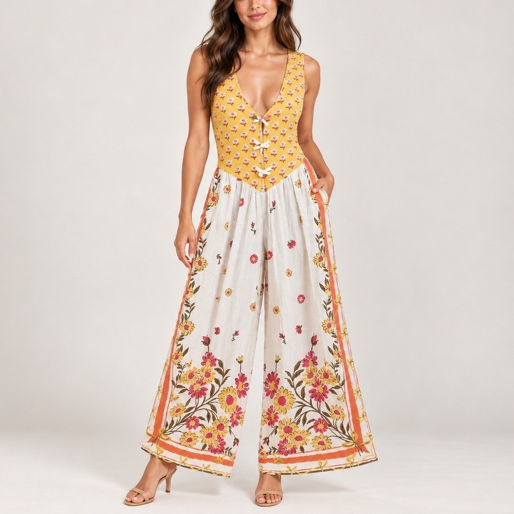 Free People Bali Honeydew Jumpsuit M Ivory Yellow Floral Wide Leg